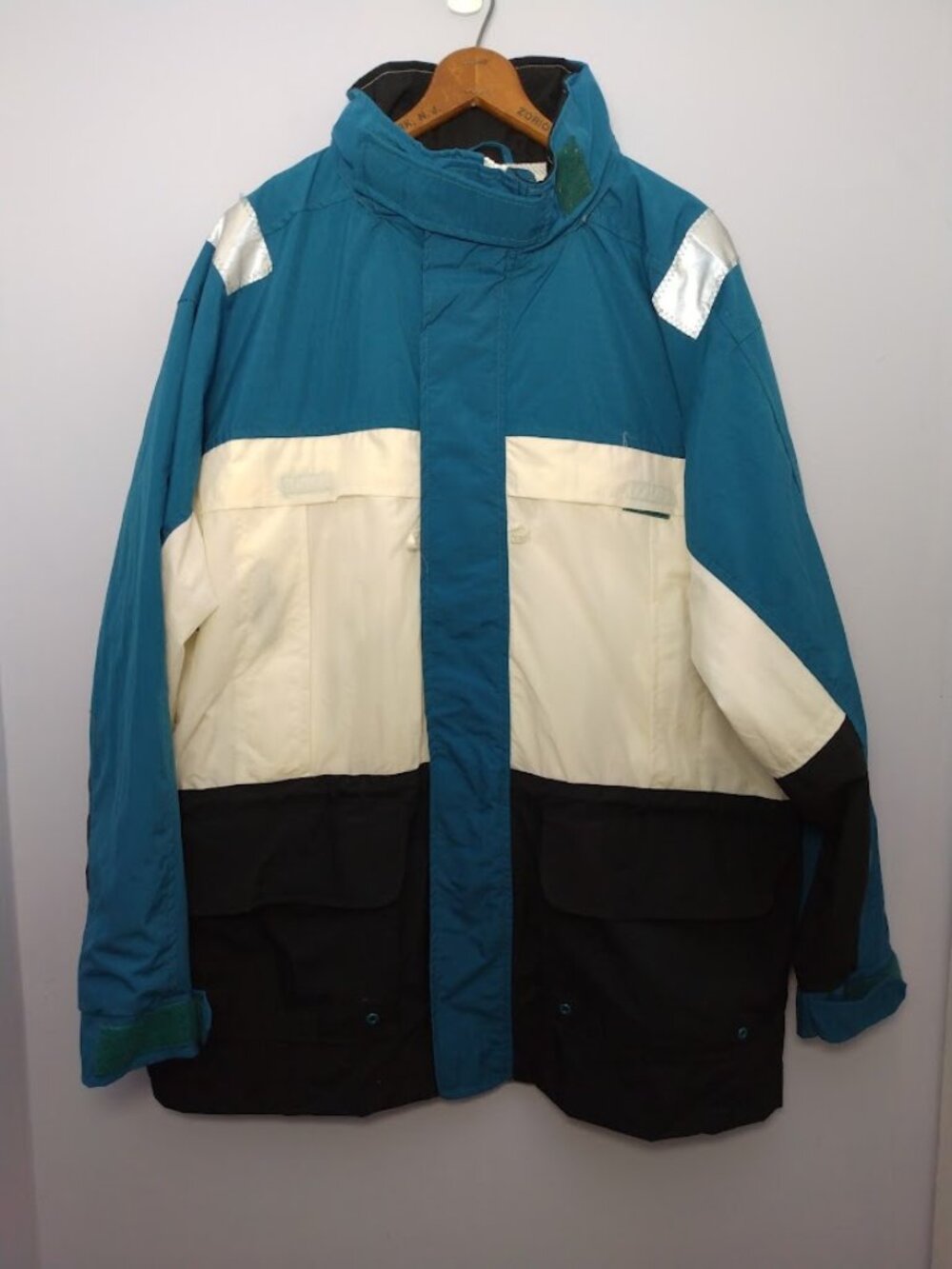 Vintage 90s Merona Windbreaker Jacket Nylon Size Large Hooded Colorblock Retro